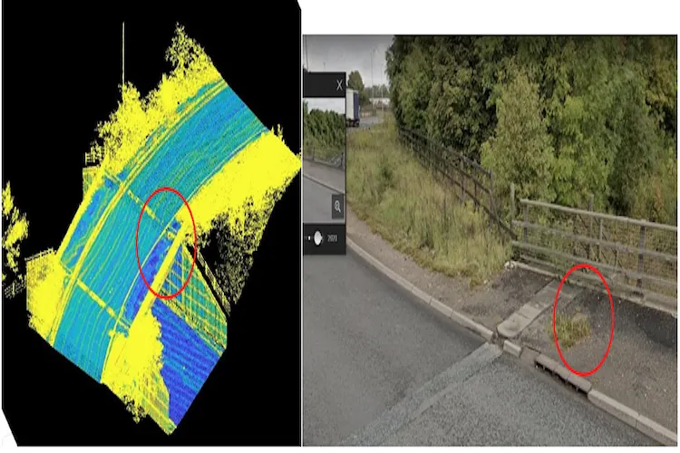 Point cloud of a road bridge with an irregular area circled in red, next to a street-level photo of the same spot where the pavement is broken by the bridge railing