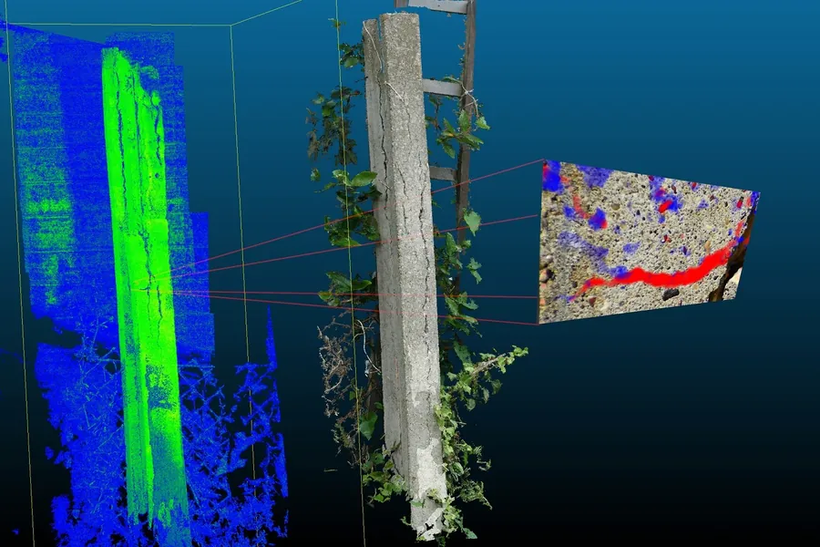 A concrete post overgrown with ivy next to its laser-scan point cloud, with a crack on the post highlighted in red in a zoomed image patch