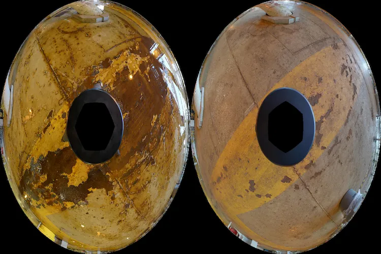 Two spherical panoramas of the same oil rig compartment taken at different dates, showing rust and flaking paint spreading across the walls